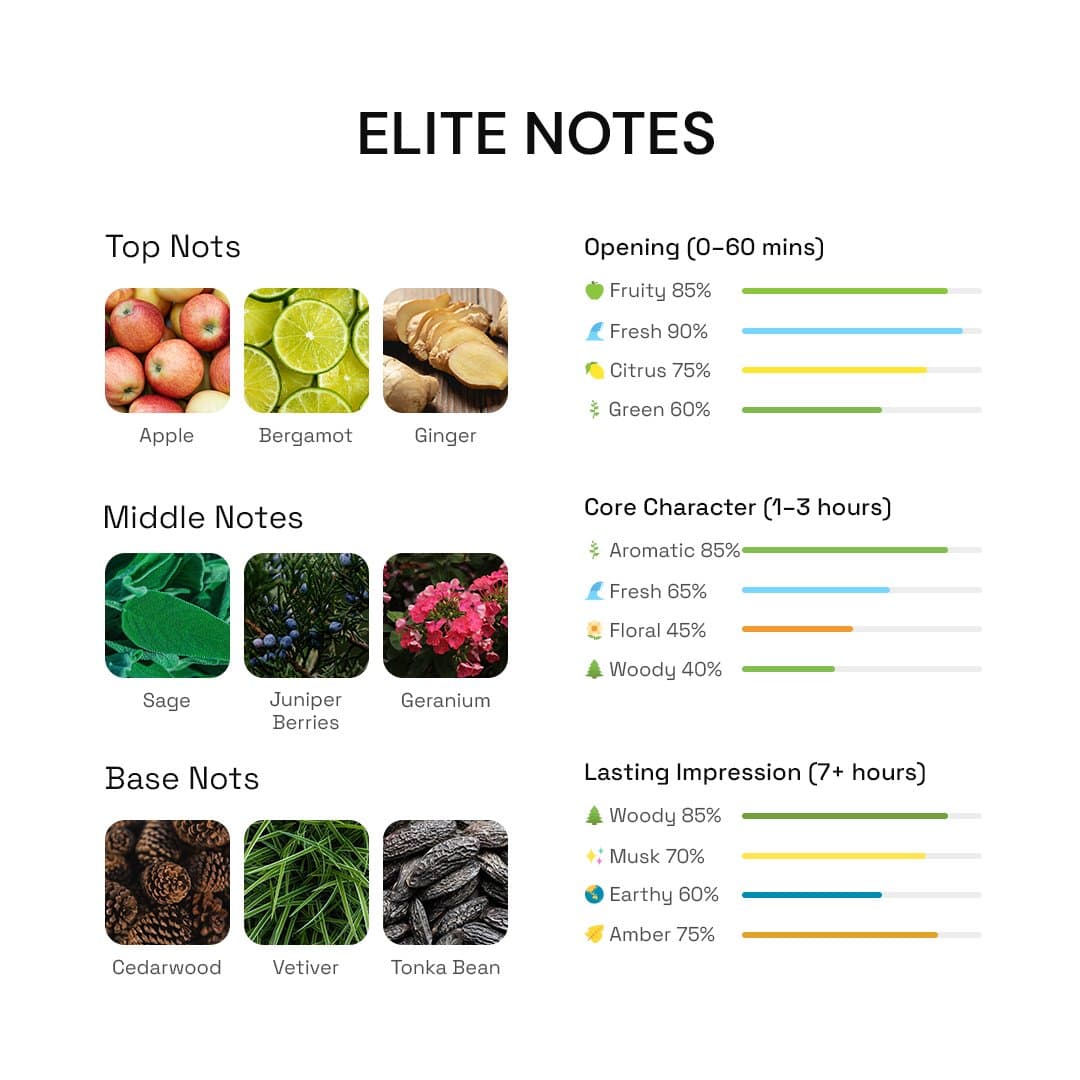 Elite fragrance notes breakdown showing apple bergamot ginger sage juniper and woody base